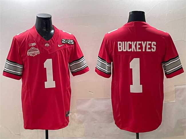 Men%27s Ohio State Buckeyes #1 Buckeyes Red 2025 CFP Final With National Champions Patch F.U.S.E. Vapor Limited Stitched Jersey